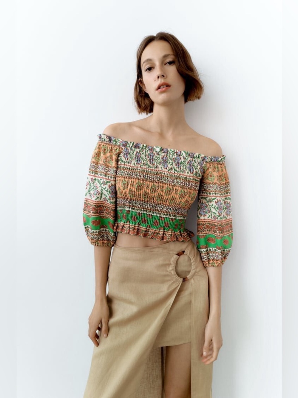NWT Zara Linen Blend Printed Blouse Size Small